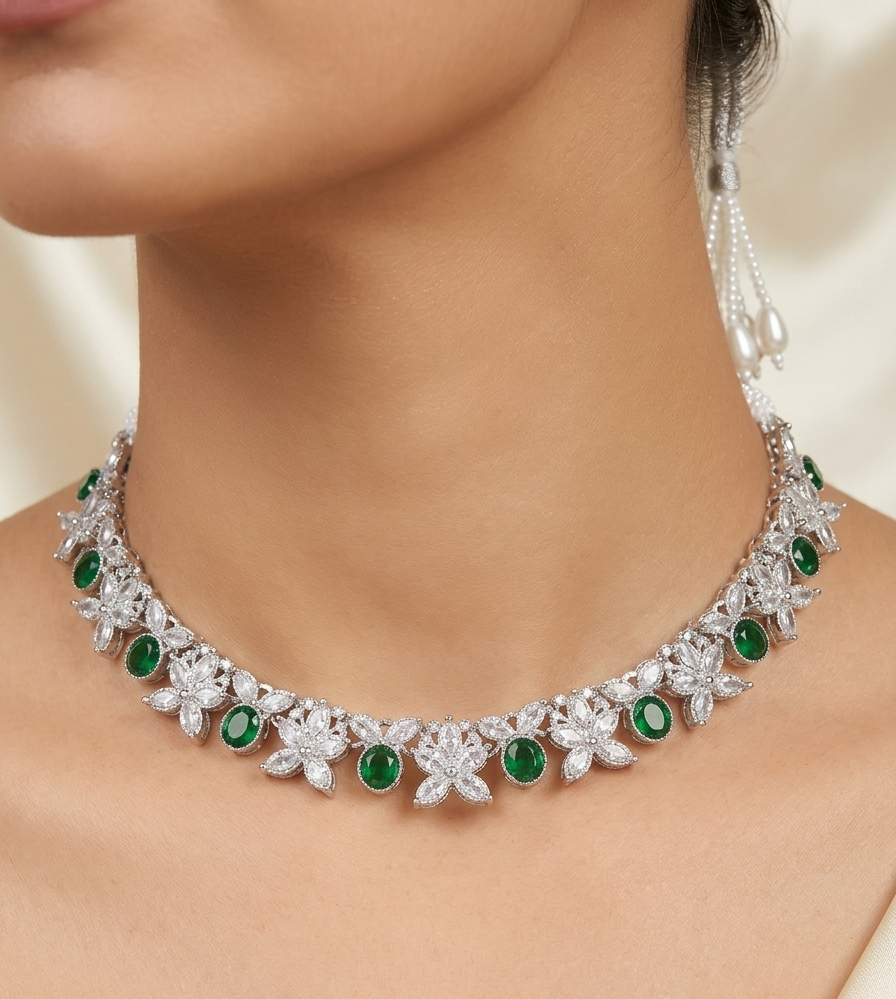 Close-up of the model's neckline wearing the floral imitation American Diamond choker.