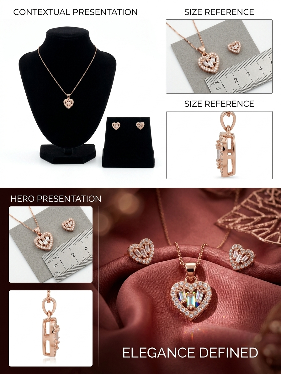 Collage showcasing the Vaidika Royal Heritage heart necklace set, featuring a black bust display, size reference with a ruler, a side profile of the pendant, and a hero shot on luxurious brown silk.