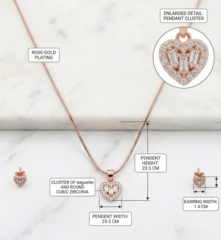 Rose Gold-Toned Heart Pendant Necklace Set with AD Stones Vaidika Royal Heritage