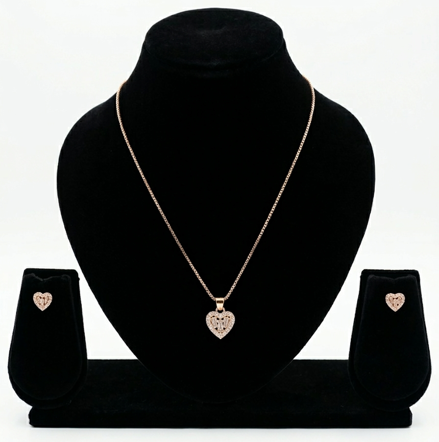 Rose Gold-Toned Heart Pendant Necklace Set with AD Stones Vaidika Royal Heritage
