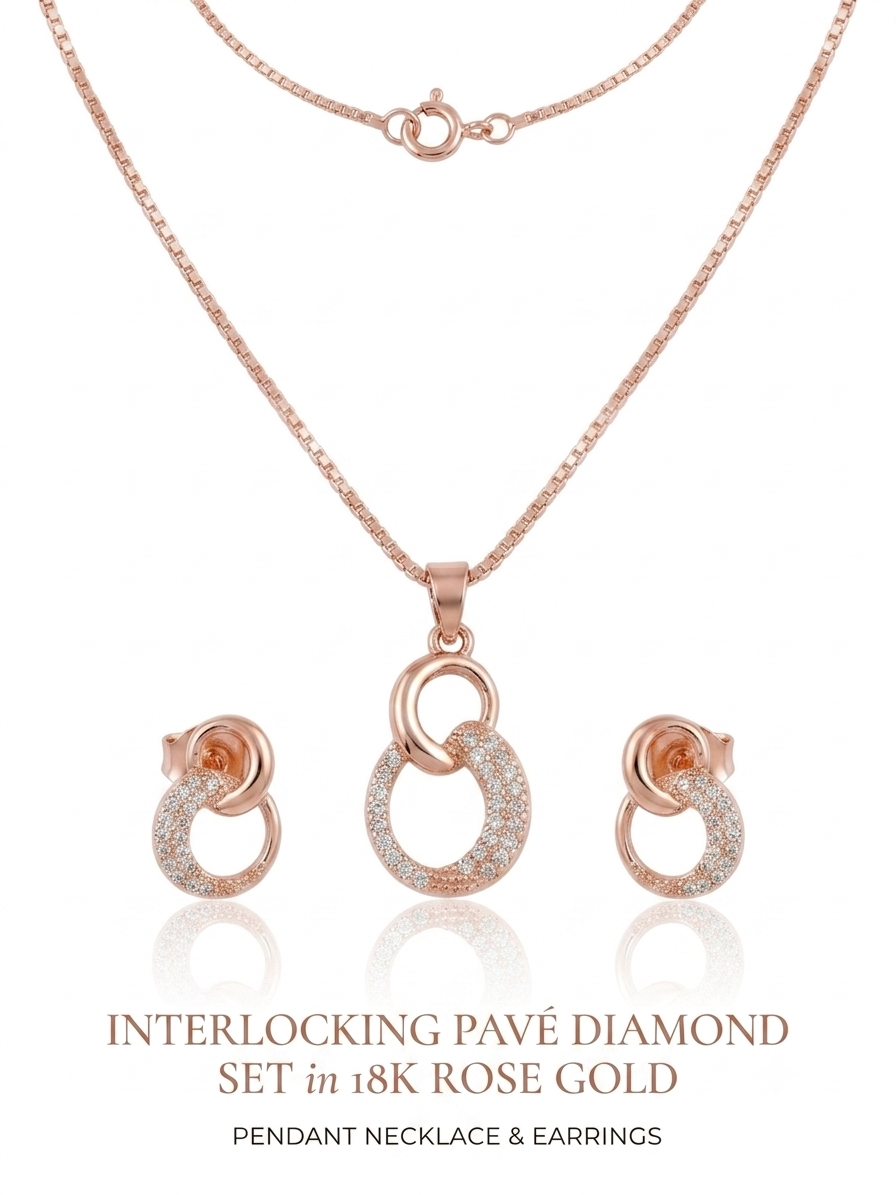 Rose gold interlocking oval pendant necklace set with matching stud earrings, shown on a white background with text reading 'INTERLOCKING PAVÉ DIAMOND SET in 18K ROSE GOLD' and 'PENDANT NECKLACE & EARRINGS'.