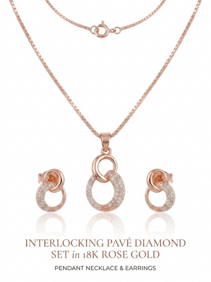 Rose gold interlocking oval pendant necklace set with matching stud earrings, shown on a white background with text reading 'INTERLOCKING PAVÉ DIAMOND SET in 18K ROSE GOLD' and 'PENDANT NECKLACE & EARRINGS'.
