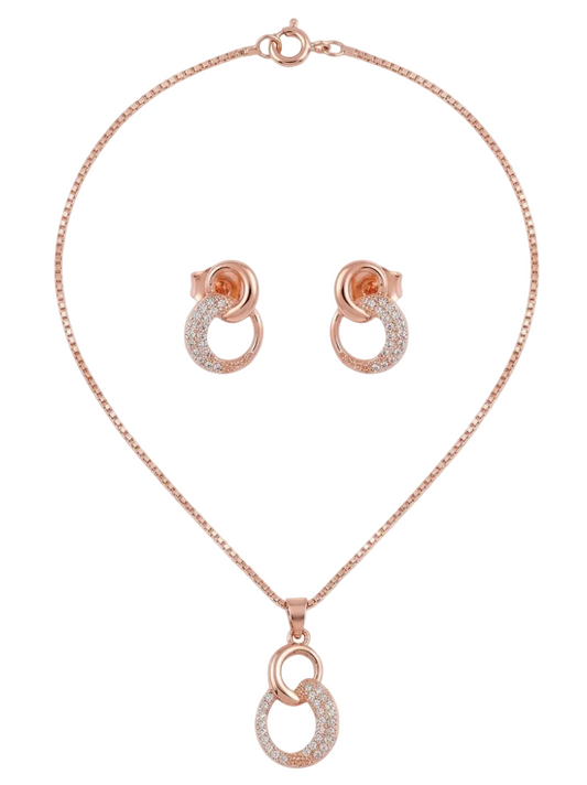 Rose Gold-Plated Interlocking Circle Pendant Necklace Set with Stud Earrings Vaidika Royal Heritage