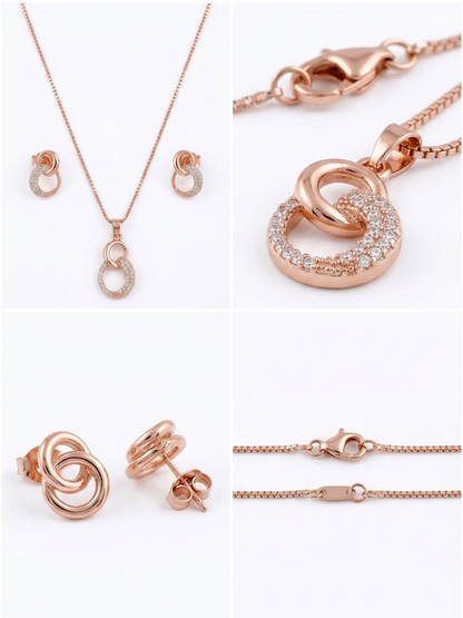 Rose gold jewelry set featuring a necklace with a double-ring pendant, matching stud earrings, and close-up views of the clasp and chain on a white background.