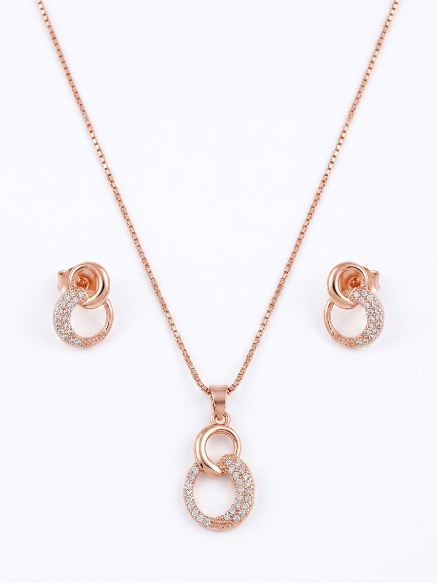 Rose Gold-Plated Interlocking Circle Pendant Necklace Set with Stud Earrings Vaidika Royal Heritage