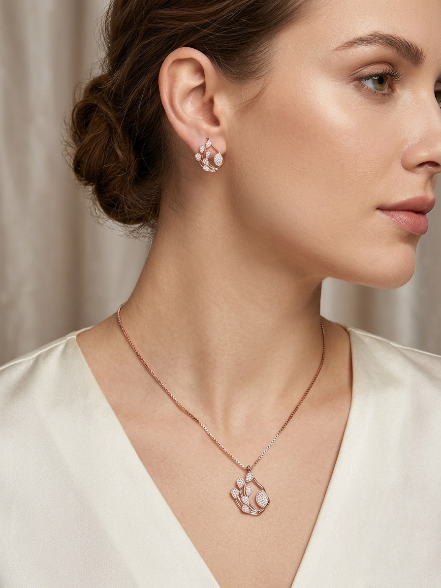 Rose Gold Plated American Diamond Necklace Set for Women Vaidika Royal Heritage