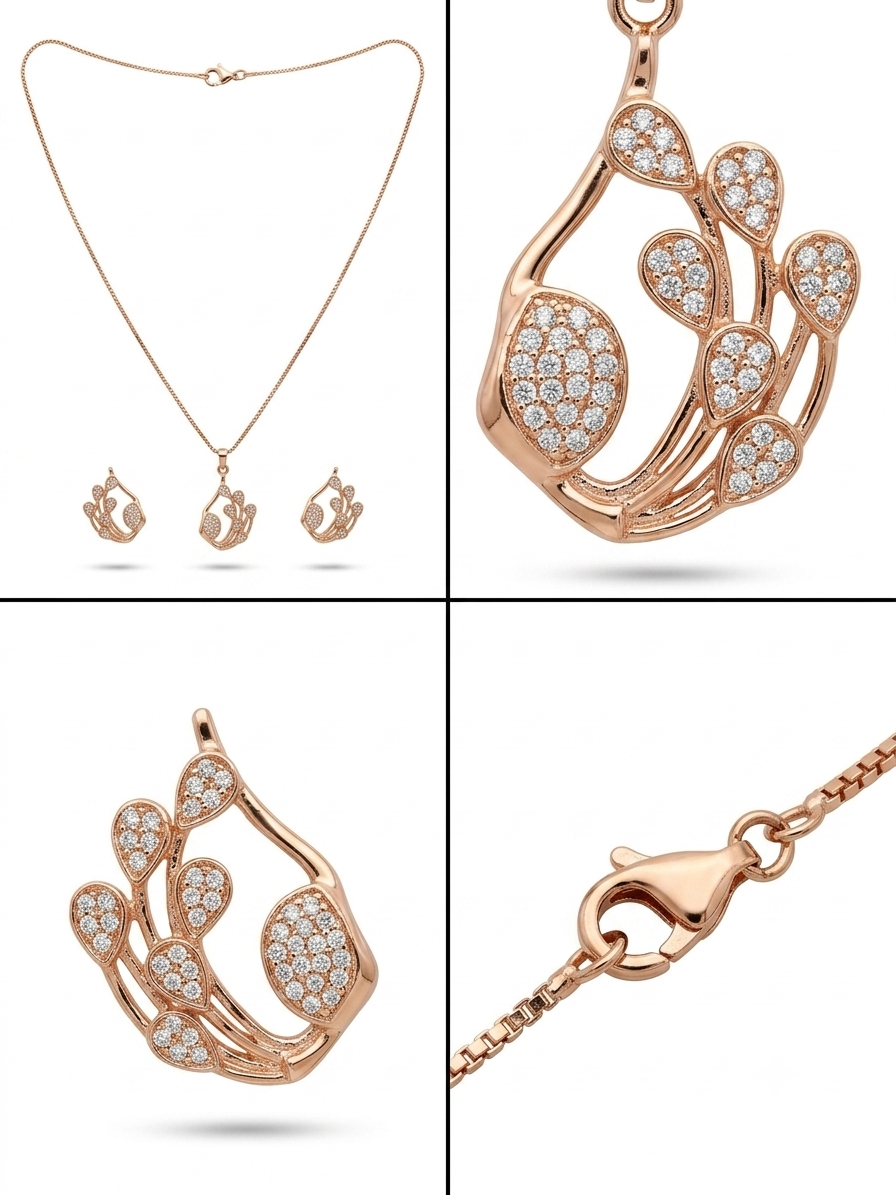 Rose gold jewelry set featuring a necklace with a pavé stone pendant, matching stud earrings, and a close-up of the lobster clasp, arranged in a four-panel grid on a white background.