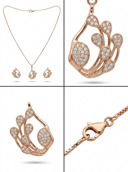Rose gold jewelry set featuring a necklace with a pavé stone pendant, matching stud earrings, and a close-up of the lobster clasp, arranged in a four-panel grid on a white background.