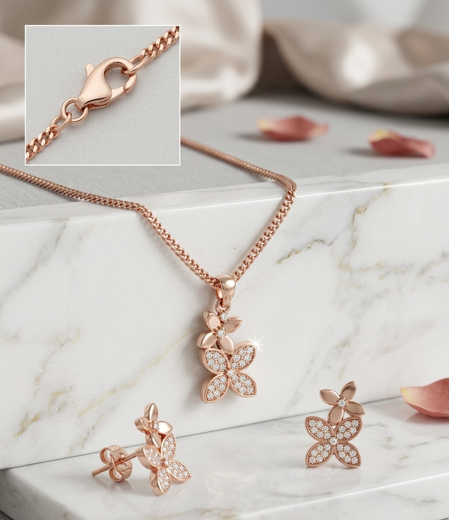 Rose gold jewelry set featuring a flower pendant necklace, matching stud earrings, and a close-up inset of the clasp, displayed on a white marble surface with soft fabric and flower petals in the background.