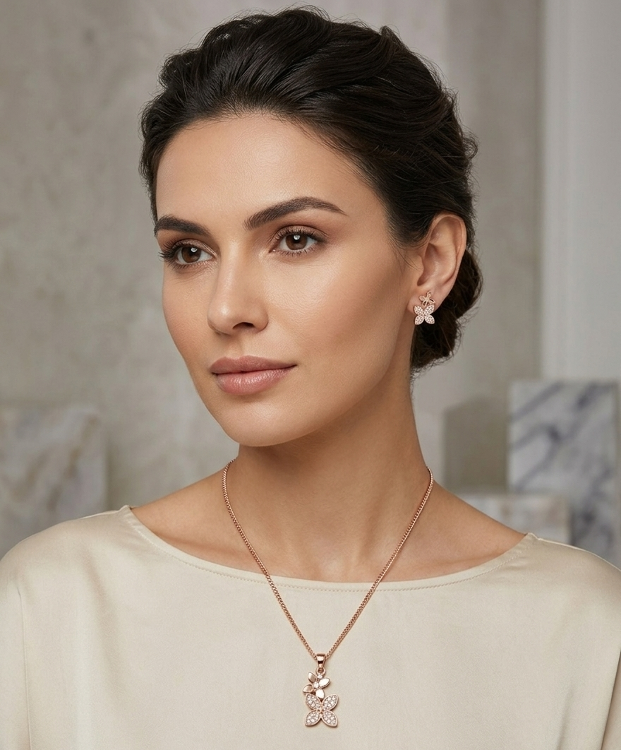 A woman with dark hair styled in an updo wears a rose gold butterfly pendant necklace and a matching rose gold stud earring. The jewelry is displayed on a model in a softly lit, elegant indoor setting.