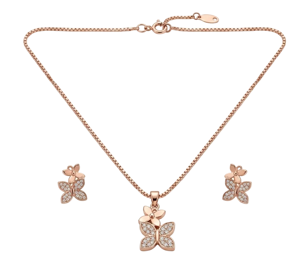 Rose gold butterfly jewelry set featuring a necklace with a central butterfly pendant and matching stud earrings, decorated with clear crystals on a white background.