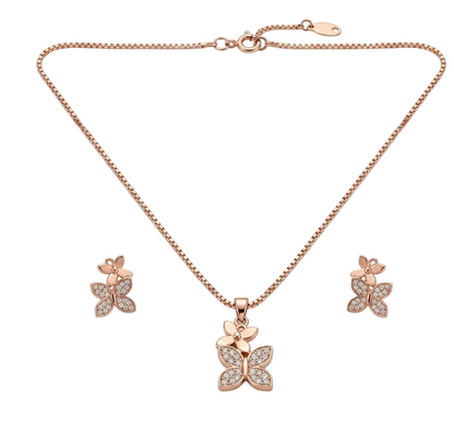 Rose gold butterfly jewelry set featuring a necklace with a central butterfly pendant and matching stud earrings, decorated with clear crystals on a white background.