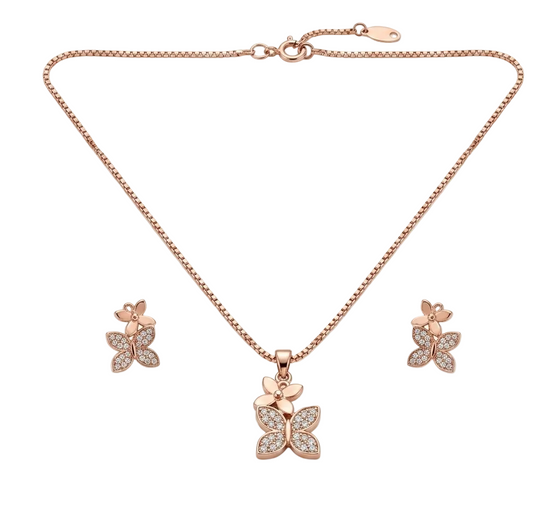 Rose gold butterfly jewelry set featuring a necklace with a central butterfly pendant and matching stud earrings, decorated with clear crystals on a white background.