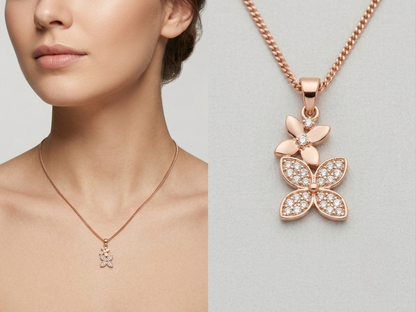 Rose gold butterfly pendant necklace shown on a model's neck on the left and as a close-up of the pendant on a chain on the right, set against a light gray background.