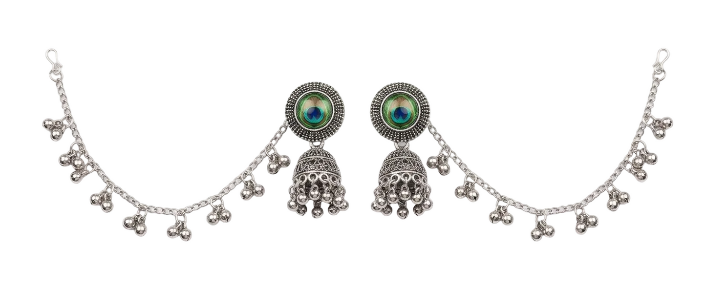 Silver-toned traditional Indian jhumka earrings with a matching chain necklace, featuring round green and blue stone-set studs and dangling bell-shaped jhumkas on a white background.