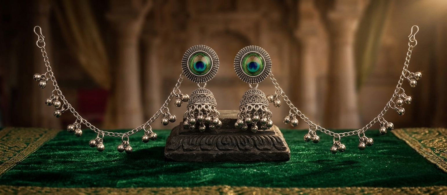 A pair of ornate silver-toned Indian jhumka earrings with peacock feather-inspired green and blue inlays, displayed on a carved black stand over a green velvet cloth with gold embroidery.