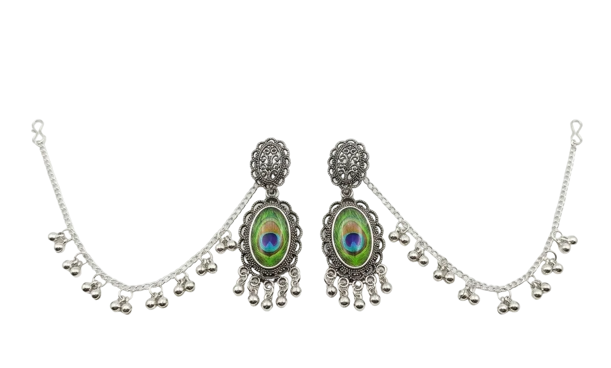A silver-toned traditional Indian jewelry set featuring a pair of dangle earrings and a matching chain necklace, both adorned with oval green and blue peacock-eye inlay details.