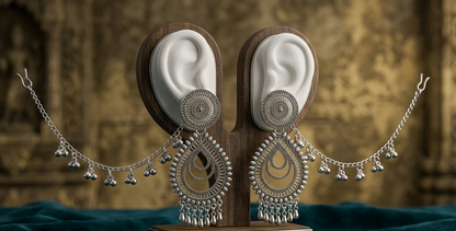 Silver-toned traditional Indian jhumka earrings displayed on a wooden stand with two white ear forms. The earrings feature circular disc motifs, teardrop pendants with dangling bead chains, and matching chain necklaces draped on either side.