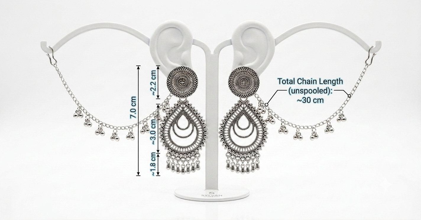 Silver-toned Indian jhumka earrings displayed on a white stand, with measurement annotations showing the total chain length and individual chain segments.