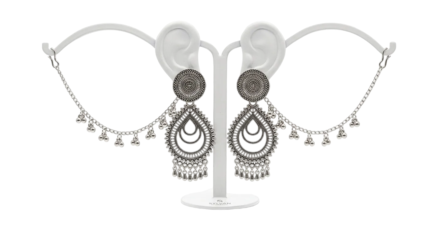 A pair of silver-toned traditional Indian dangle earrings displayed on a white ear-shaped jewelry stand against a clean white background.