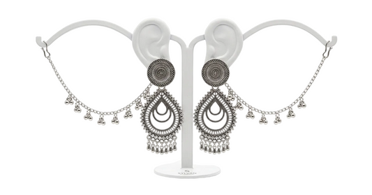 A pair of silver-toned traditional Indian dangle earrings displayed on a white ear-shaped jewelry stand against a clean white background.