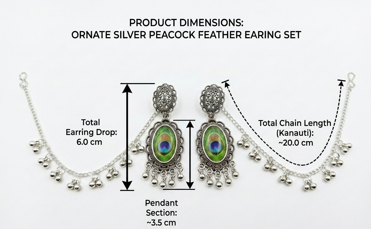 Product dimensions diagram for an ornate silver peacock feather earing set on a white background, showing measurements for total earring drop, pendant section, and chain length with labeled arrows and text.
