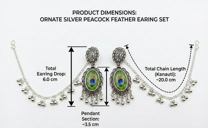Product dimensions diagram for an ornate silver peacock feather earing set on a white background, showing measurements for total earring drop, pendant section, and chain length with labeled arrows and text.