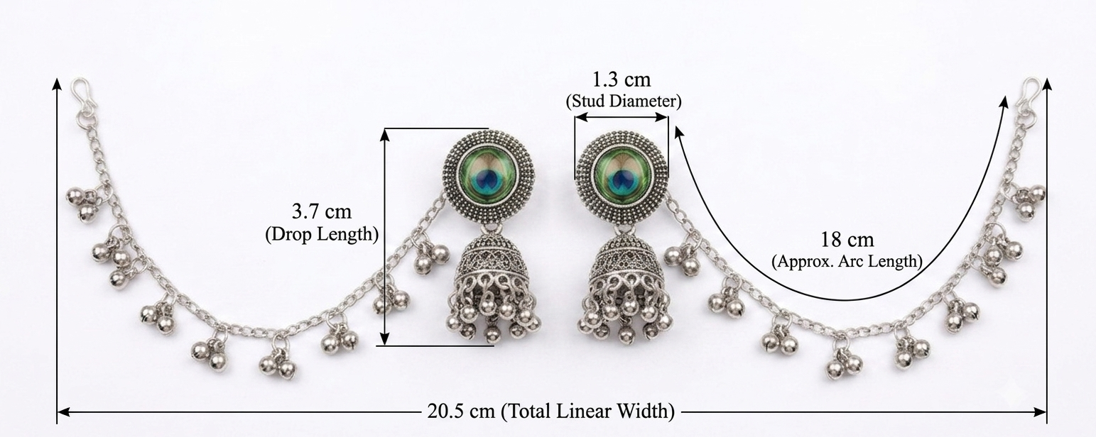 Silver-toned Indian jhumka earrings with dangling bell chains, shown with measurement arrows and labels on a white background.