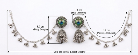 Silver-toned Indian jhumka earrings with dangling bell chains, shown with measurement arrows and labels on a white background.
