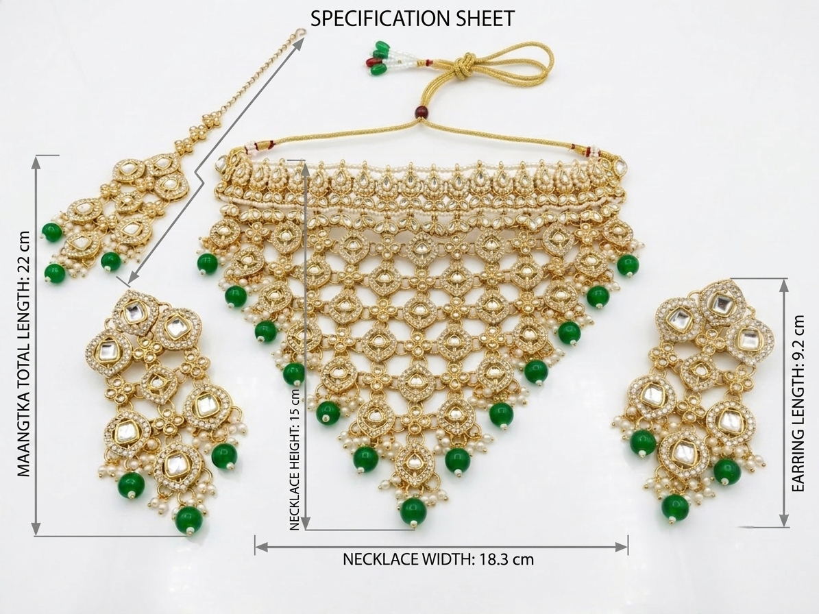 Gold and green beaded traditional necklace set with matching earrings and a maang tikka, shown on a white background with measurement annotations and the text 'SPECIFICATION SHEET'.