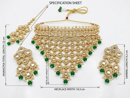 Gold and green beaded traditional necklace set with matching earrings and a maang tikka, shown on a white background with measurement annotations and the text 'SPECIFICATION SHEET'.
