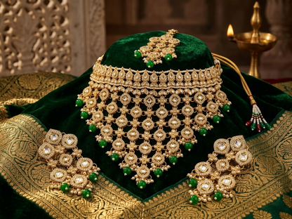 An ornate gold-toned traditional jewelry set displayed on a dark green velvet cushion with a gold patterned fabric underneath. The set includes a large necklace, matching earrings, and a small top piece, all decorated with gold, clear stones, and green bead accents.