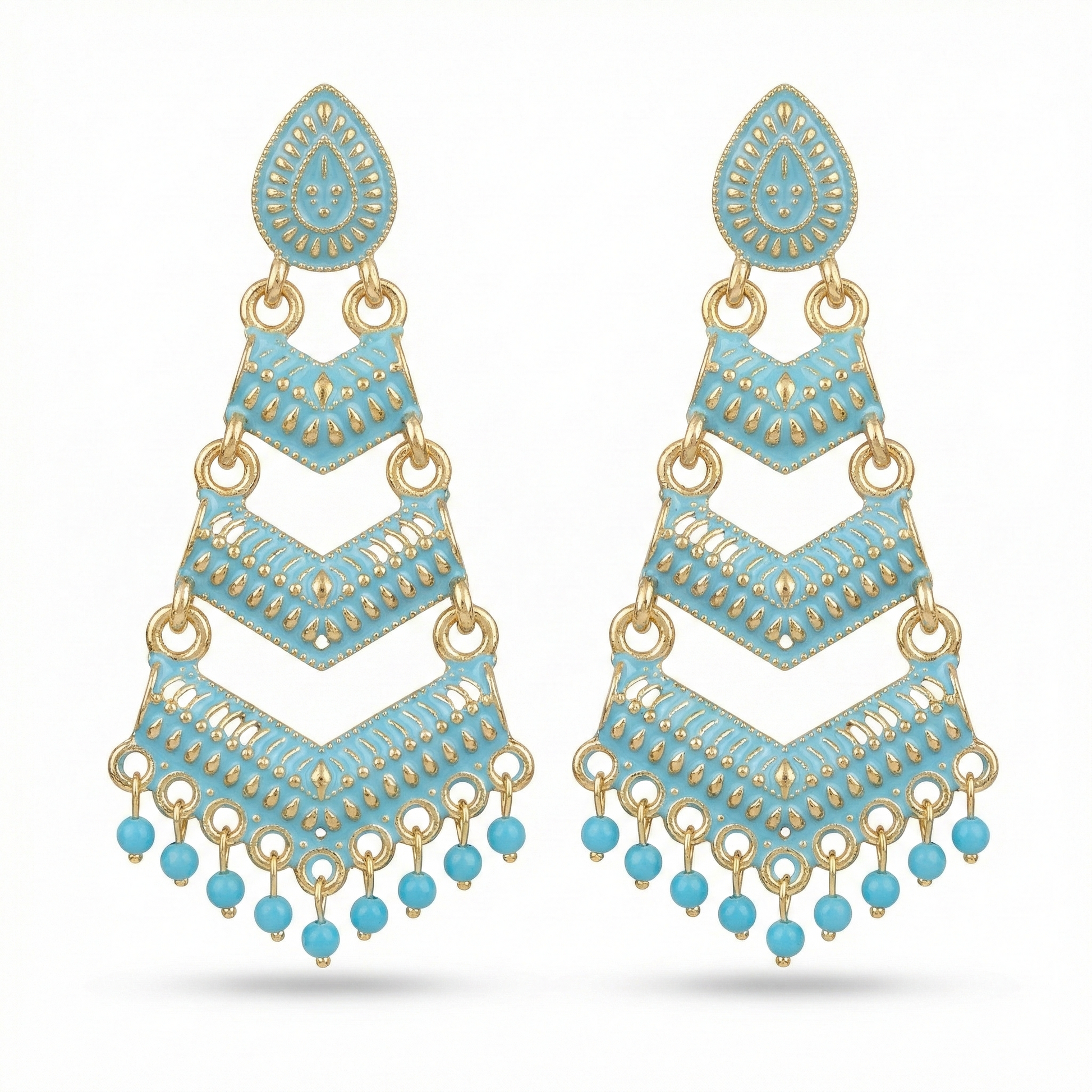 Close-up view of premium artificial Firozi Meenakari Gold Plated Layered Drop Earrings with Pearl Hanging by Innovate Art Impex.