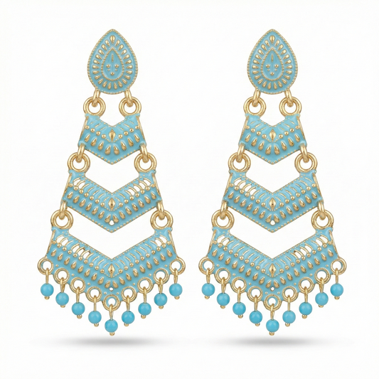 Close-up view of premium artificial Firozi Meenakari Gold Plated Layered Drop Earrings with Pearl Hanging by Innovate Art Impex.