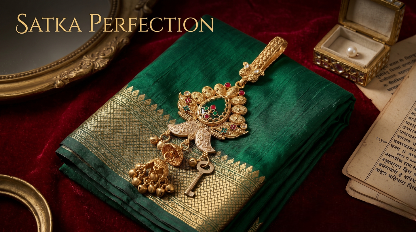 Gold decorative item on a green fabric with 'Satka Perfection' branding