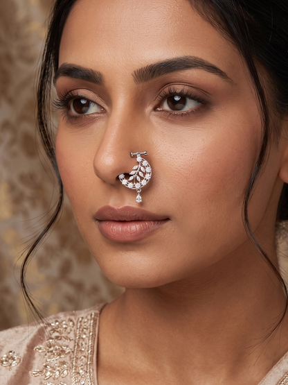 Platinum-Toned Botanical Vine CZ Nose Pin