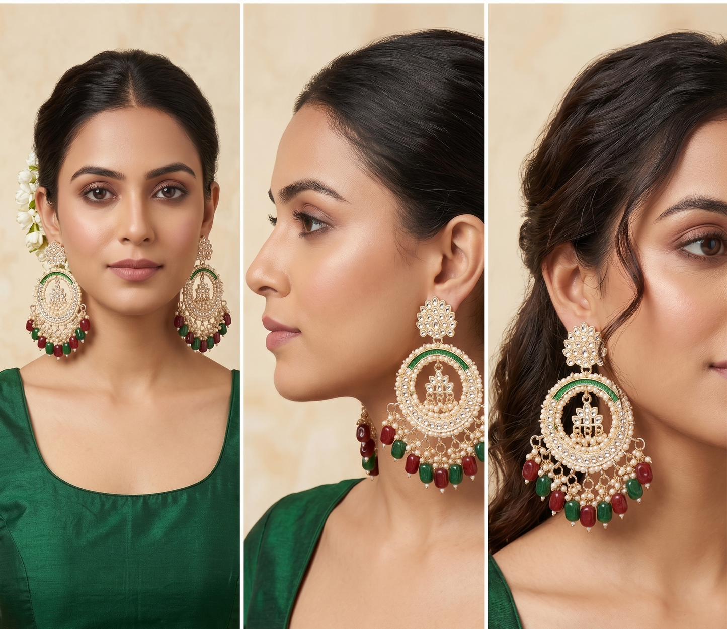 Three-panel close-up of a woman modeling large ornate Indian-style dangle earrings. The earrings have a gold-toned circular frame, white stone detailing, and dangling red and green bead accents.