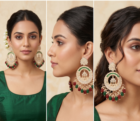 Three-panel close-up of a woman modeling large ornate Indian-style dangle earrings. The earrings have a gold-toned circular frame, white stone detailing, and dangling red and green bead accents.
