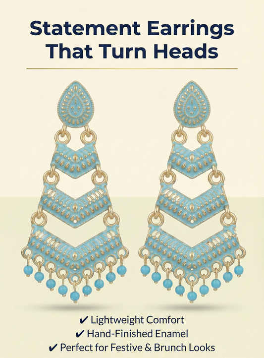 Close-up view of premium artificial Firozi Meenakari Gold Plated Layered Drop Earrings with Pearl Hanging by Innovate Art Impex.