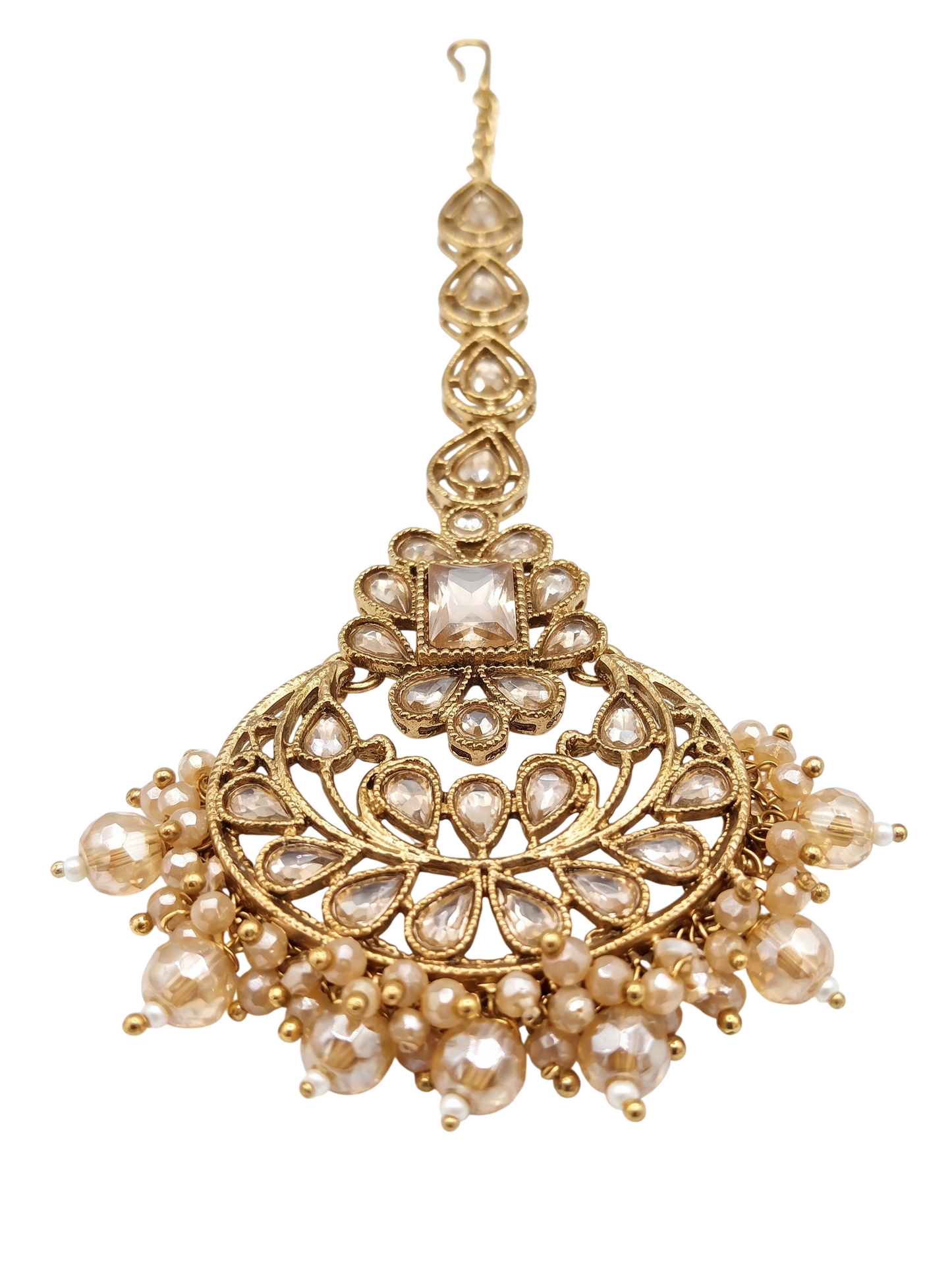 Product size chart showing exact technical dimensions for the artificial kundan choker, drop earrings, and maang tikka.