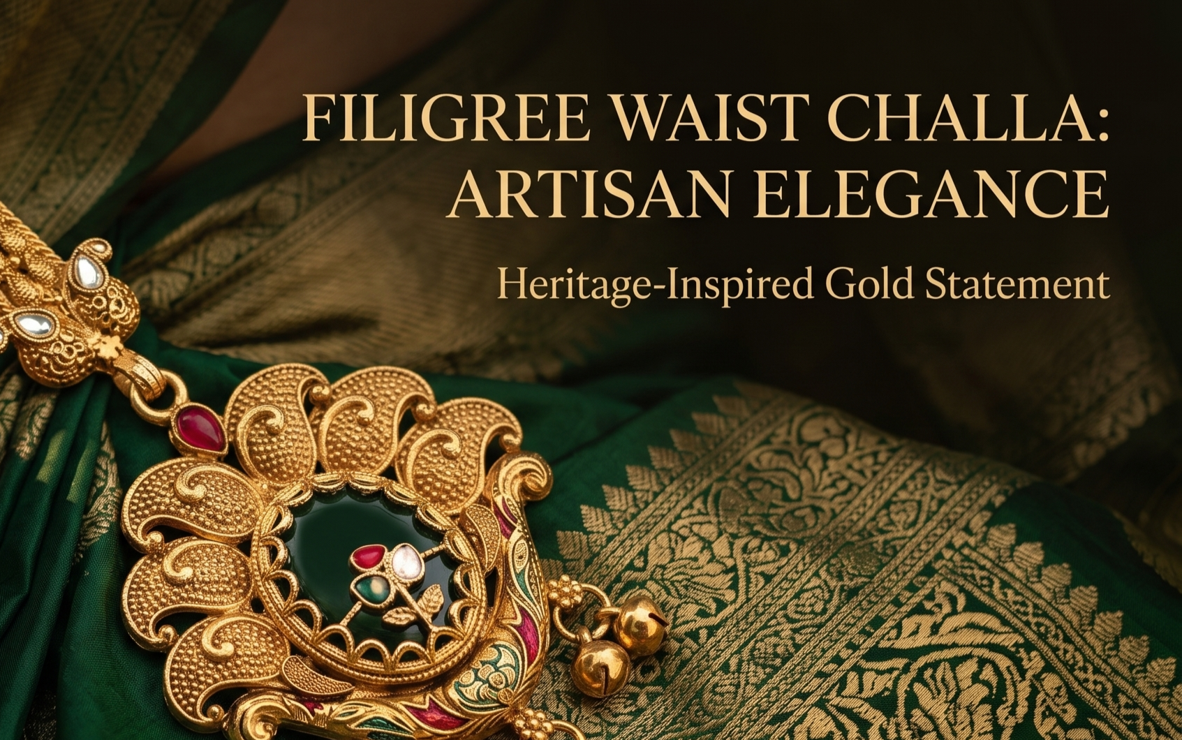 Gold filigree waist challa with green fabric background