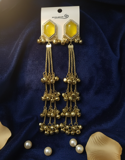 Close-up view of premium artificial Yellow Hexagonal Stone Gold Tassel Drop Earrings   Elegant Statement Jewelry by Innovate Art Impex.