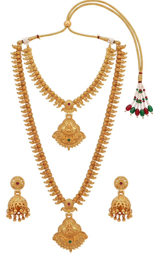 Complete 2-in-1 gold-plated temple jewelry combo set featuring a long haram necklace, a short choker necklace with matching mango motifs and deity pendants, alongside traditional Jhumki earrings on a pure white background.