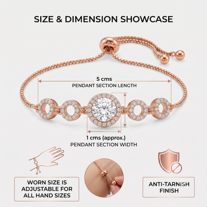 Size and dimension infographic for the rose gold bracelet, highlighting a 5 cm pendant length, 1 cm width, and a premium anti-tarnish finish.