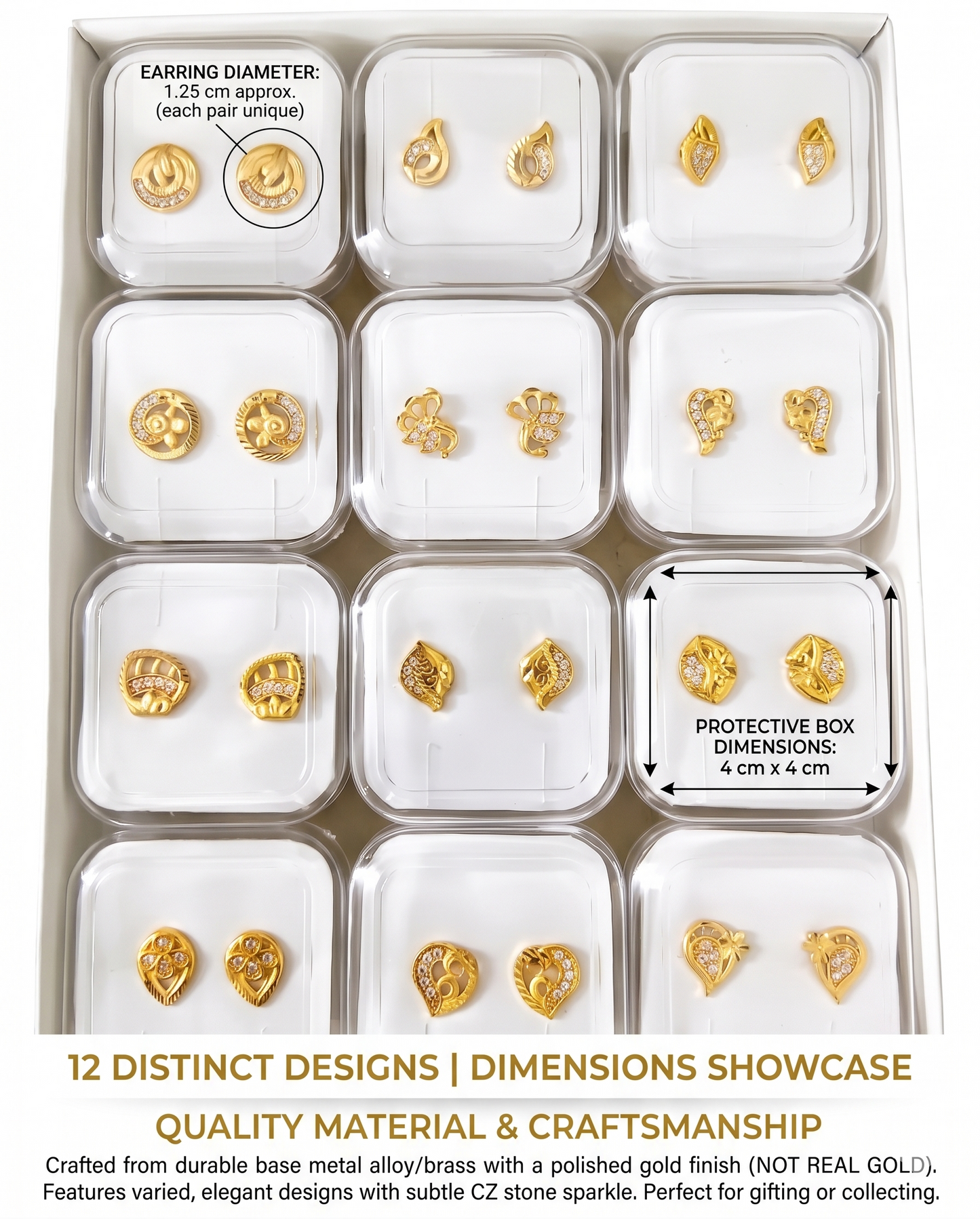 12-Pair Combo Set of Small Gold-Toned Filigree Stud Earrings for Women | Artificial American Diamond CZ Petite Tops (1.25 cm) | Lightweight Daily Wear Fashion Jewellery