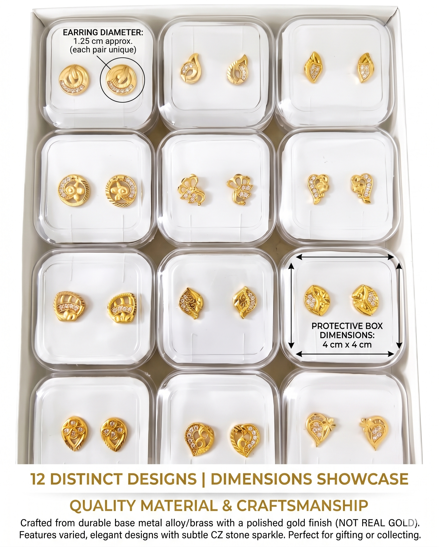 12-Pair Combo Set of Small Gold-Toned Filigree Stud Earrings for Women | Artificial American Diamond CZ Petite Tops (1.25 cm) | Lightweight Daily Wear Fashion Jewellery