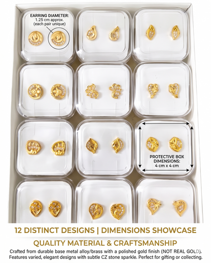 12-Pair Combo Set of Small Gold-Toned Filigree Stud Earrings for Women | Artificial American Diamond CZ Petite Tops (1.25 cm) | Lightweight Daily Wear Fashion Jewellery