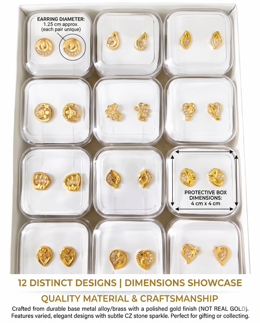 12-Pair Combo Set of Small Gold-Toned Filigree Stud Earrings for Women | Artificial American Diamond CZ Petite Tops (1.25 cm) | Lightweight Daily Wear Fashion Jewellery | INNOVATE ART IMPEX