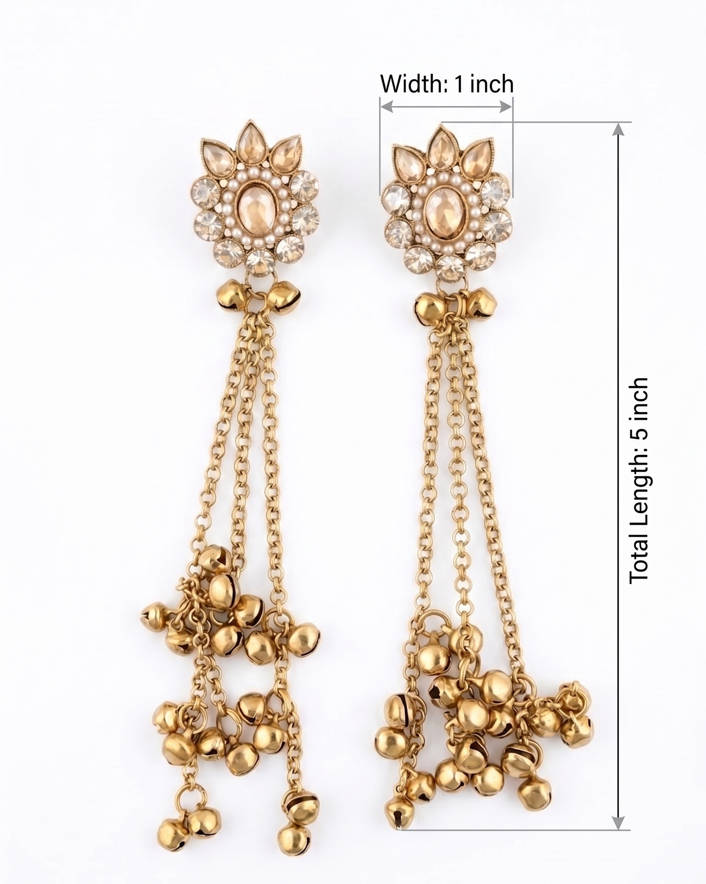Gold earrings with chain details and measurements on a white background, Innovate Art Imex brand.