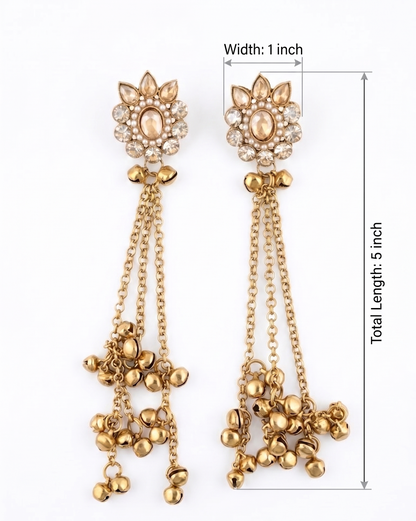 Gold earrings with chain details and measurements on a white background, Innovate Art Imex brand.